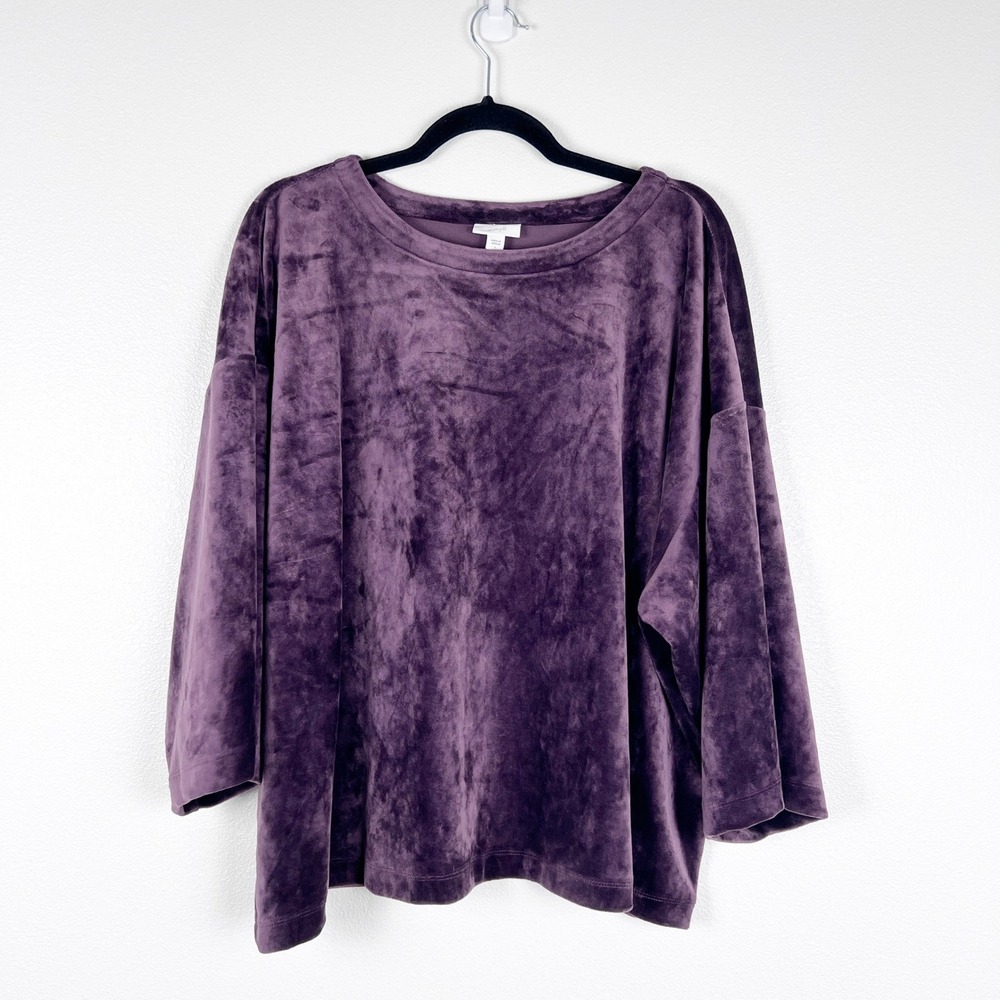 J Jill Women's Velvet 3/4 Sleeve Top‎ Purple Sz L